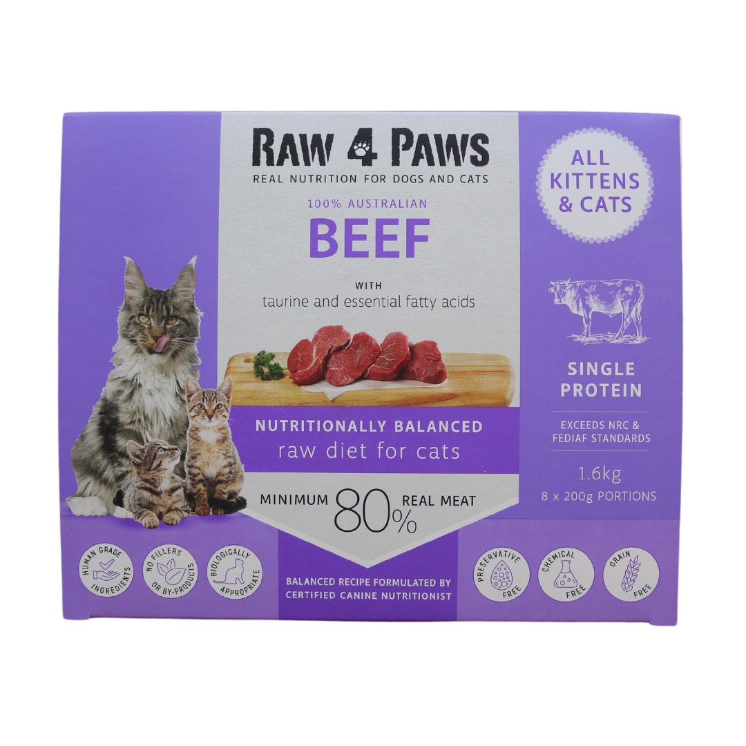 Raw 4 Paws Single Protein Beef for Cats Protein 8 x 200g Portions Bow