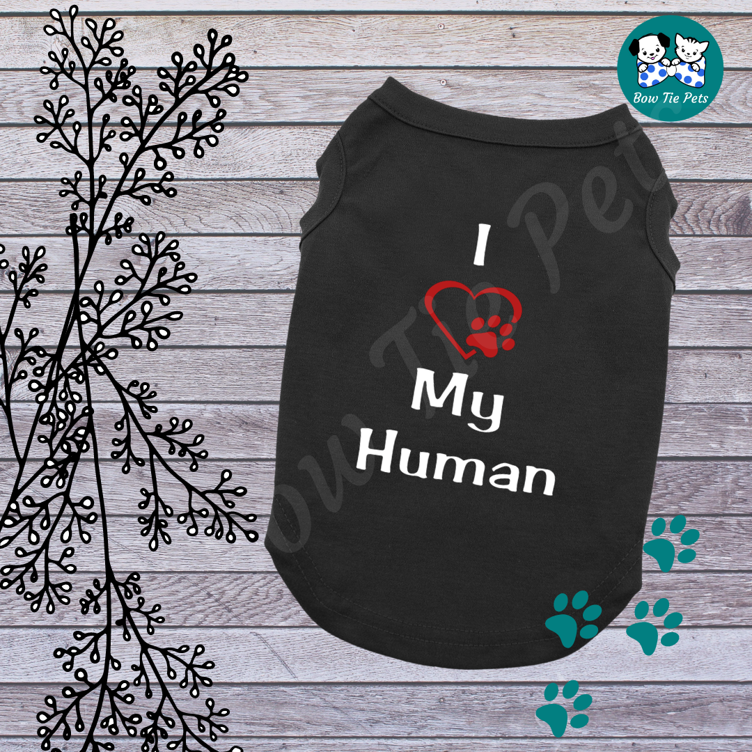 "I love my human" Black dog tank shirt with white writing and a red heart
