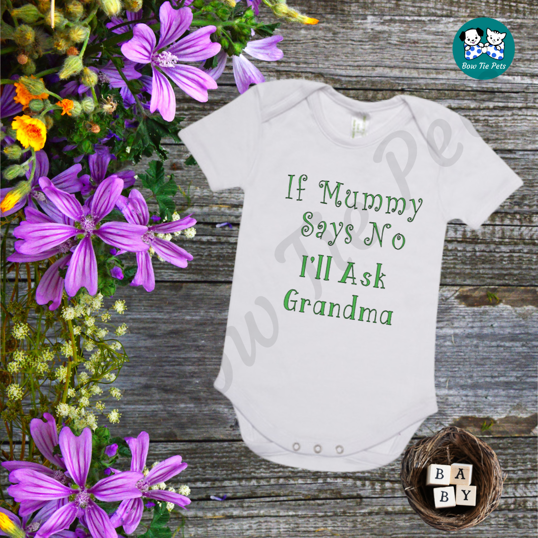 "If Mummy says no, I'll ask Grandma" White romper with apple green writing